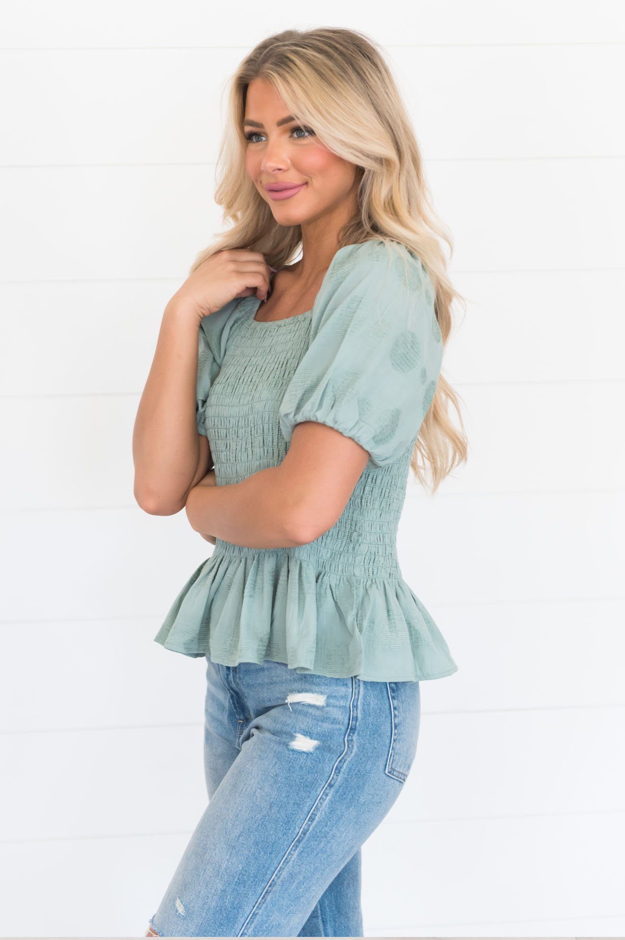 Only A Memory Smocked Modest Blouse