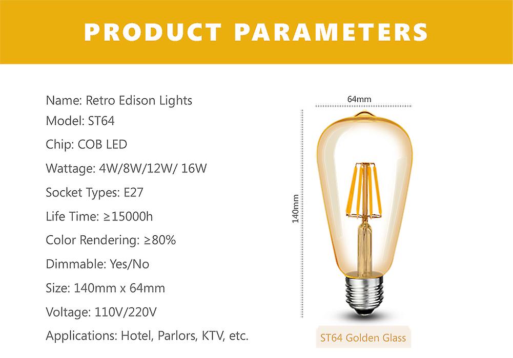 Led ment Gold E27 St64 Bulb Bombillas Warm White Lamp 4w 8w 12w 16w Edison Light Bulbs Chandelier Vintage Home Decoration