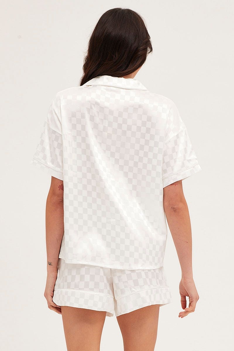 Check Satin Pajamas Set Short Sleeve