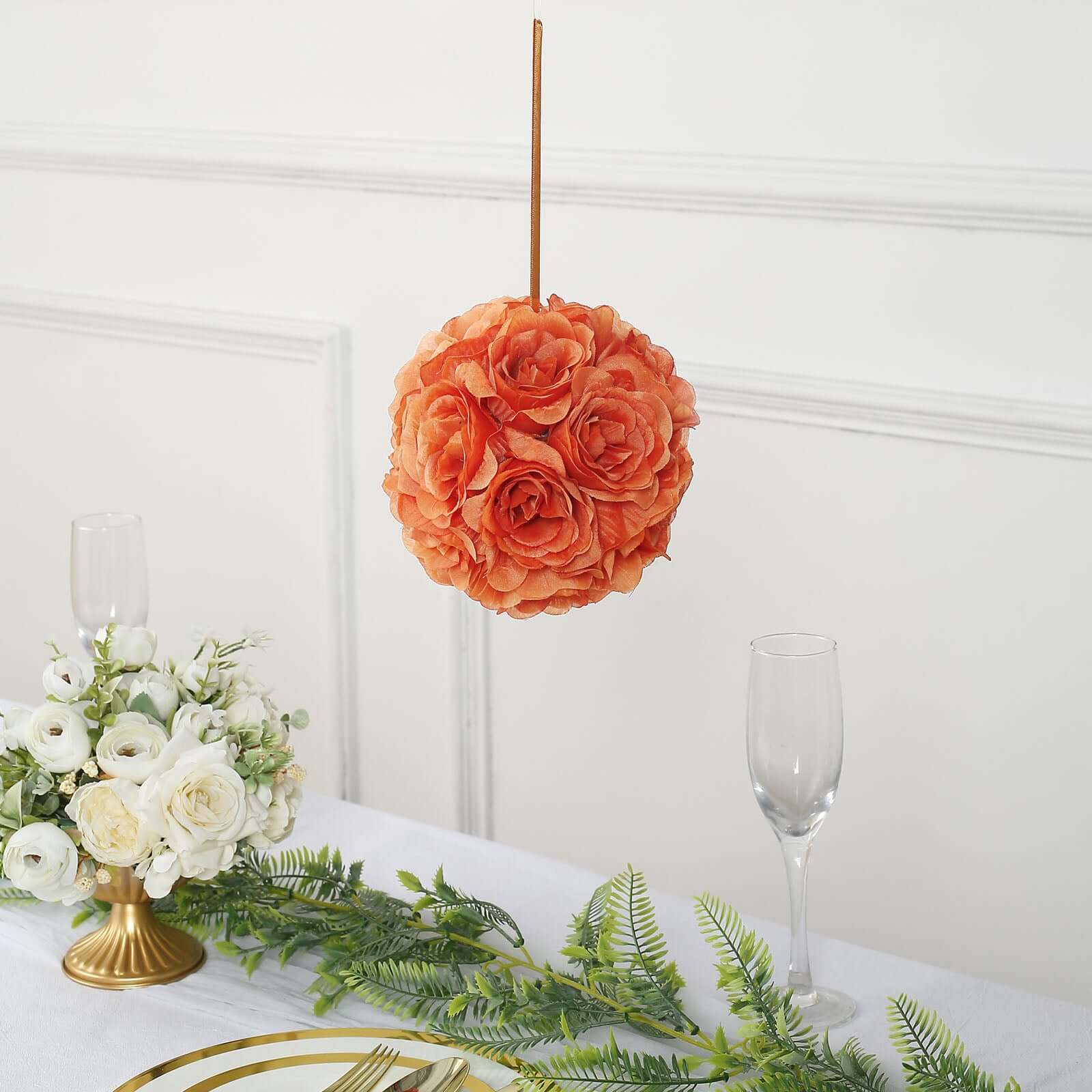 2 Pack Terracotta (Rust) Artificial Silk Rose Kissing Ball, Faux Flower Ball 7