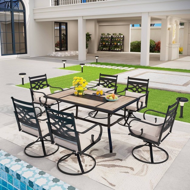 7pc Outdoor Dining Set With Swivel Chairs With Thick Cushions amp Faux Wood Table With Umbrella Hole Captiva Designs