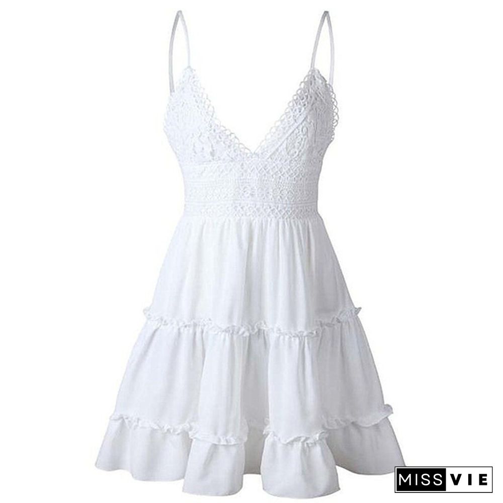 Women Summer Sleeveless V-neck Mini Dress Backless Lace Dress Beach Dresses White Dress Plus Size S-5XL