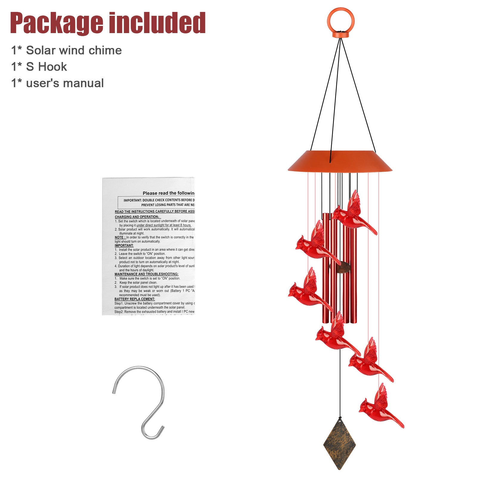 Cardinal Bird Solar Wind Chimes， TSV LED Red Tubes Wind Belles with S Hook for Outside， IP65 Water and Moisture-Proof for Patio Garden Home， Memorial Gift Decor