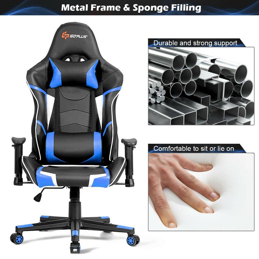 Costway Massage Gaming Chair Reclining Racing Chair w Headrest and Lumbar Support Blue HW62039BL