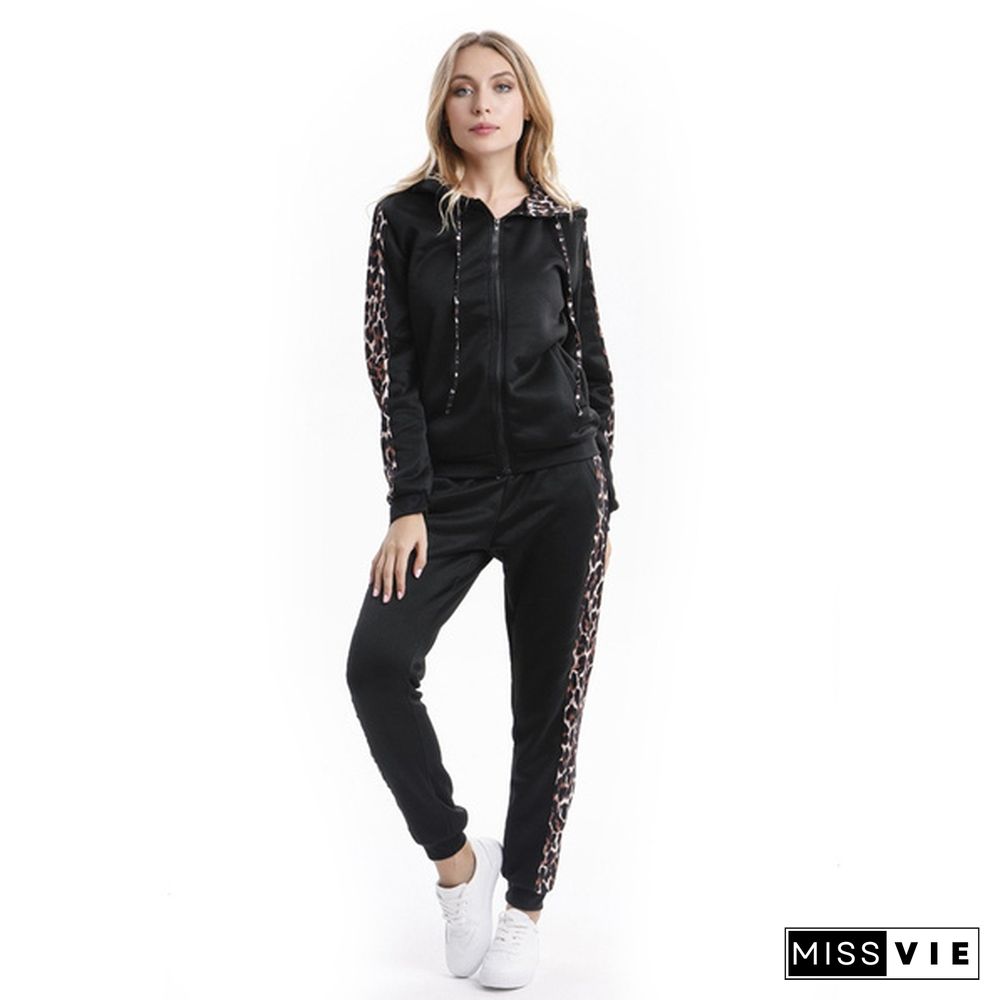 Women Fashion Leopard Printed Two Pieces Sports Suits Tops With Pants Tracksuit 2 Pieces Set Sweat Suits Jogging Outfits For Woman