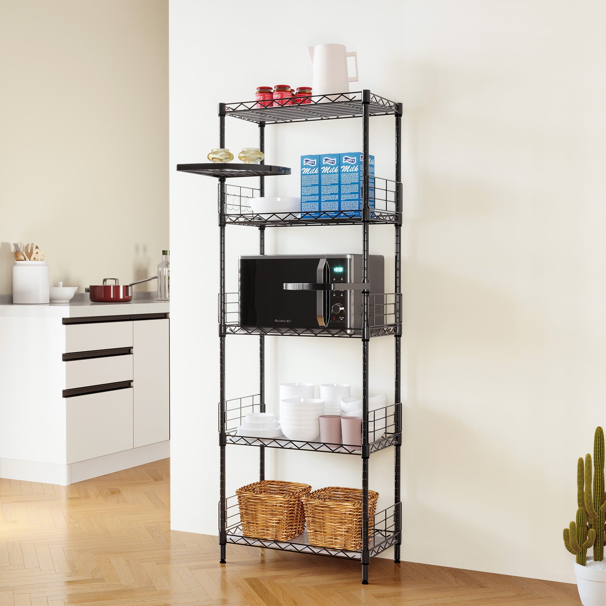 LINSY HOME 5 Tier Wire storage shelves with 2 Rotatable Shelves,Height Adjustable Shelf Rack with 5 Hooks for Garage Bedroom Bathroom-59.1