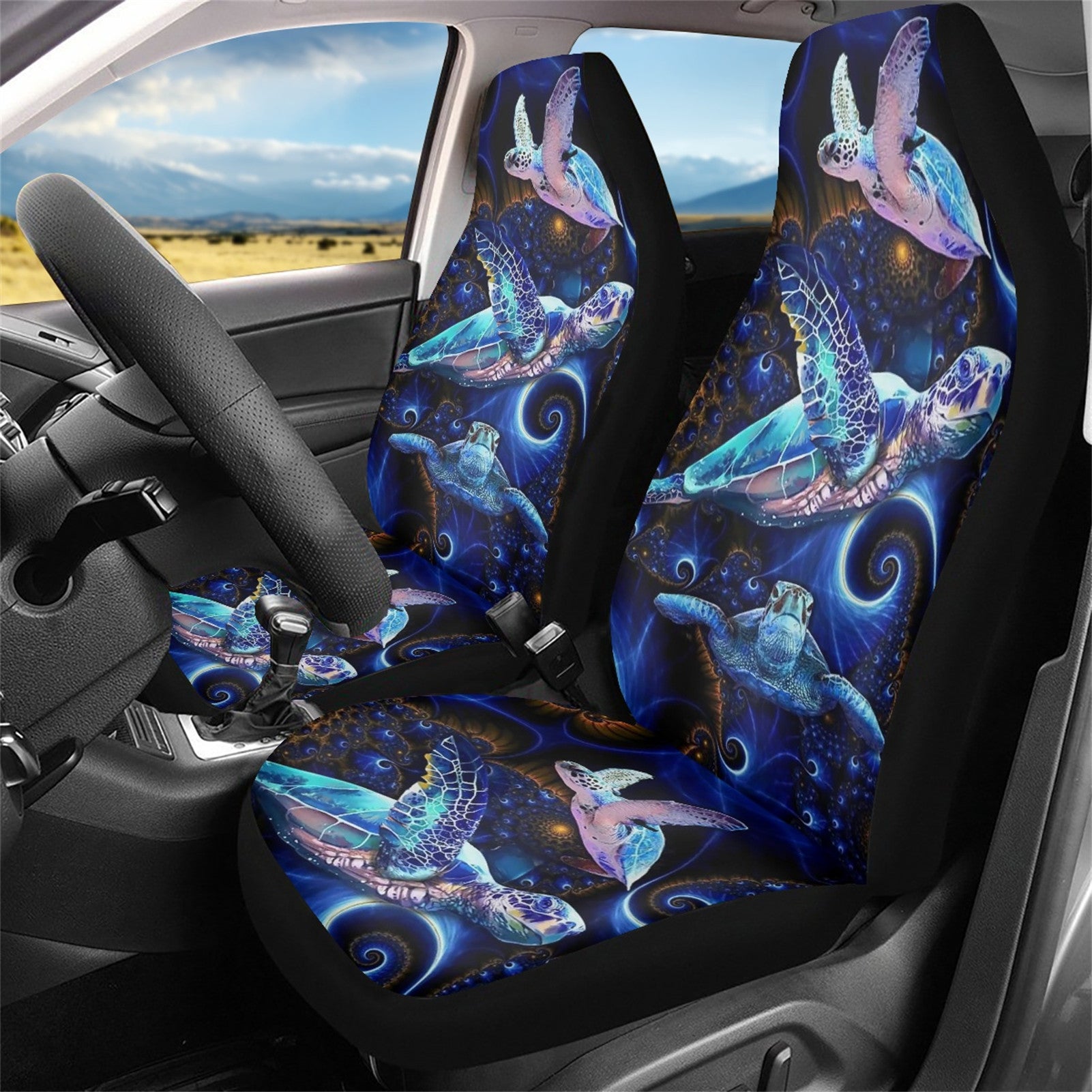 Xoenoiee Car Seat Covers 2 Pack， Psychedelic Sea Turtle Print Universal Fit Bucket Seat Cover Auto Interior Accessories Driver Seat Covers