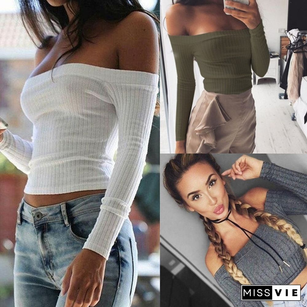 Sexy Womens Off Shoulder Tank Tops Long Sleeve Vest Crop Tops T-shirt Blouse