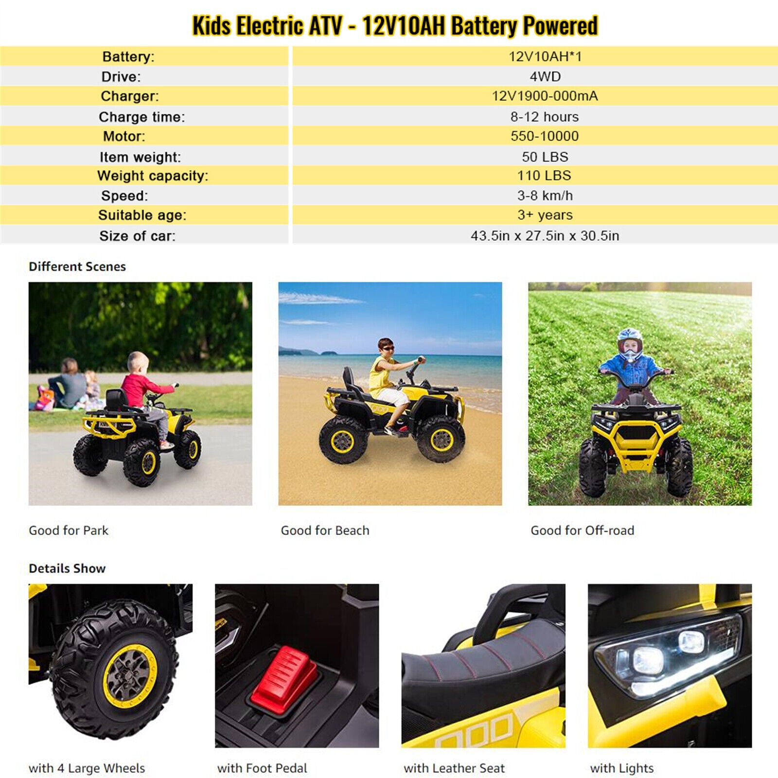 Kids ATV Ride On ATV 12V Battery Powered Electric Vehicle 4 Wheeler Quad High/Low Speeds with LED Light, Music, Horn, USB/TF/MP3 for Boys & Girls Gift