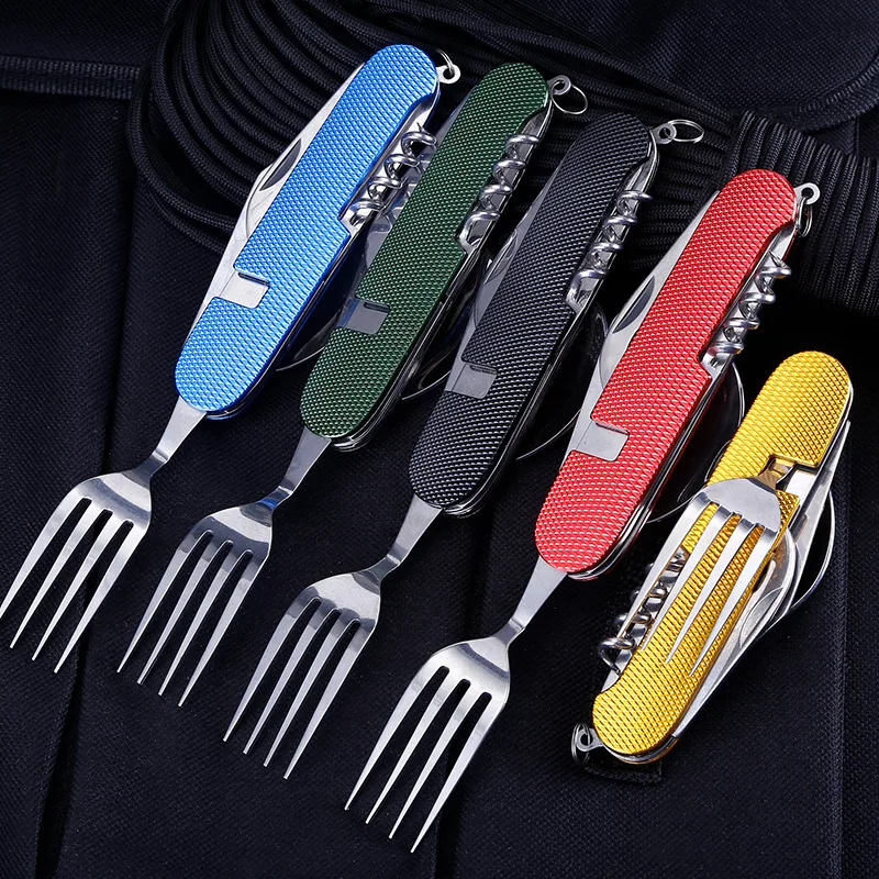 4 In 1 Outdoor Tableware Set Camping Cooking Supplies Stainless Steel Spoon Folding Pocket Kits Home Picnic Hiking Travel Tools