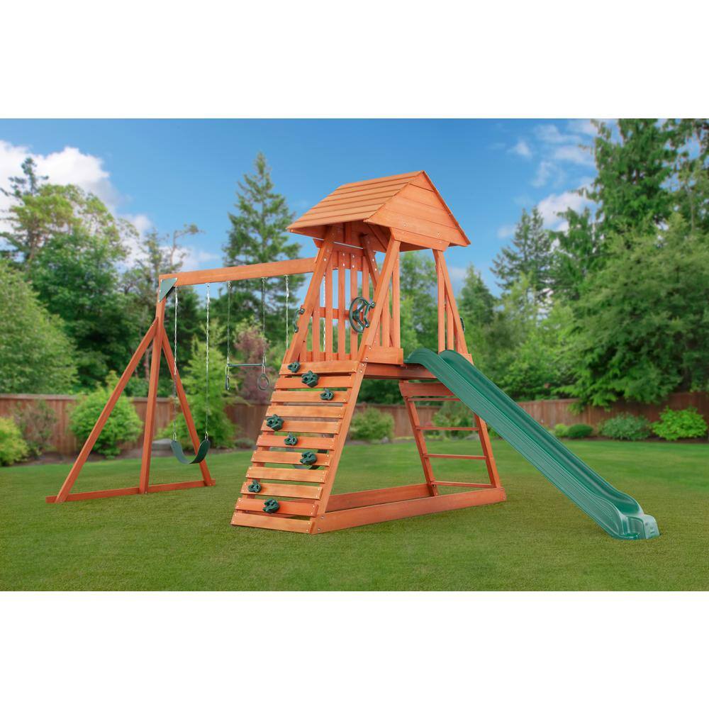 Creative Cedar Designs Cedar Chalet Complete Wood Playset with Wooden Roof Climbing Wall Sandbox Slide and Multiple Swing Set Accessories 3710