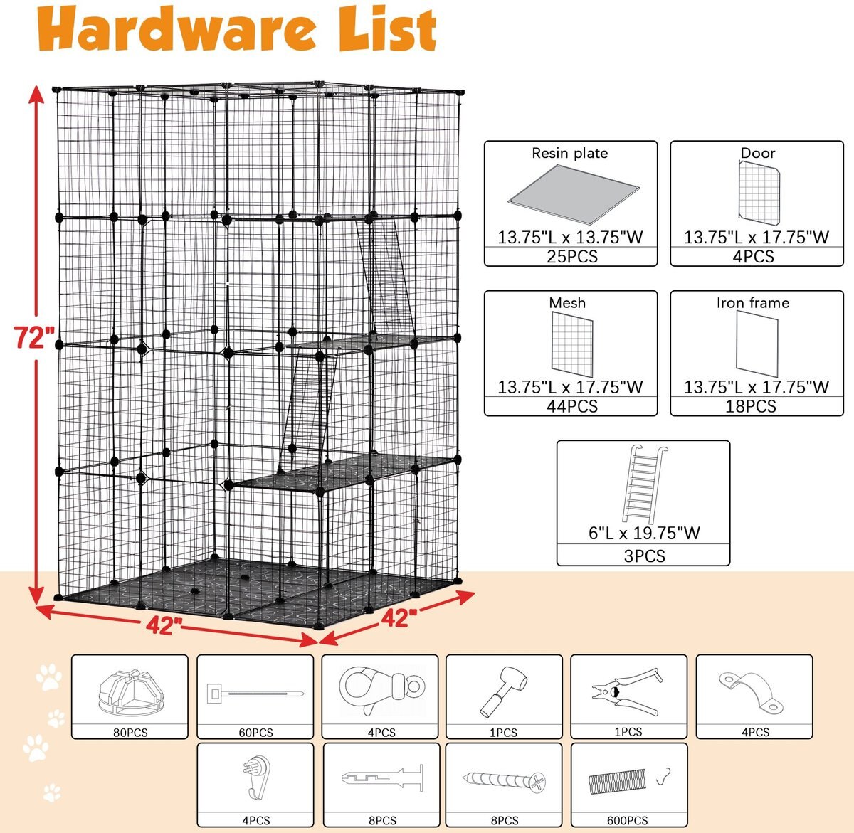 Coziwow 3-Tier 4-Door Cat Cage Playpen， Black， Large