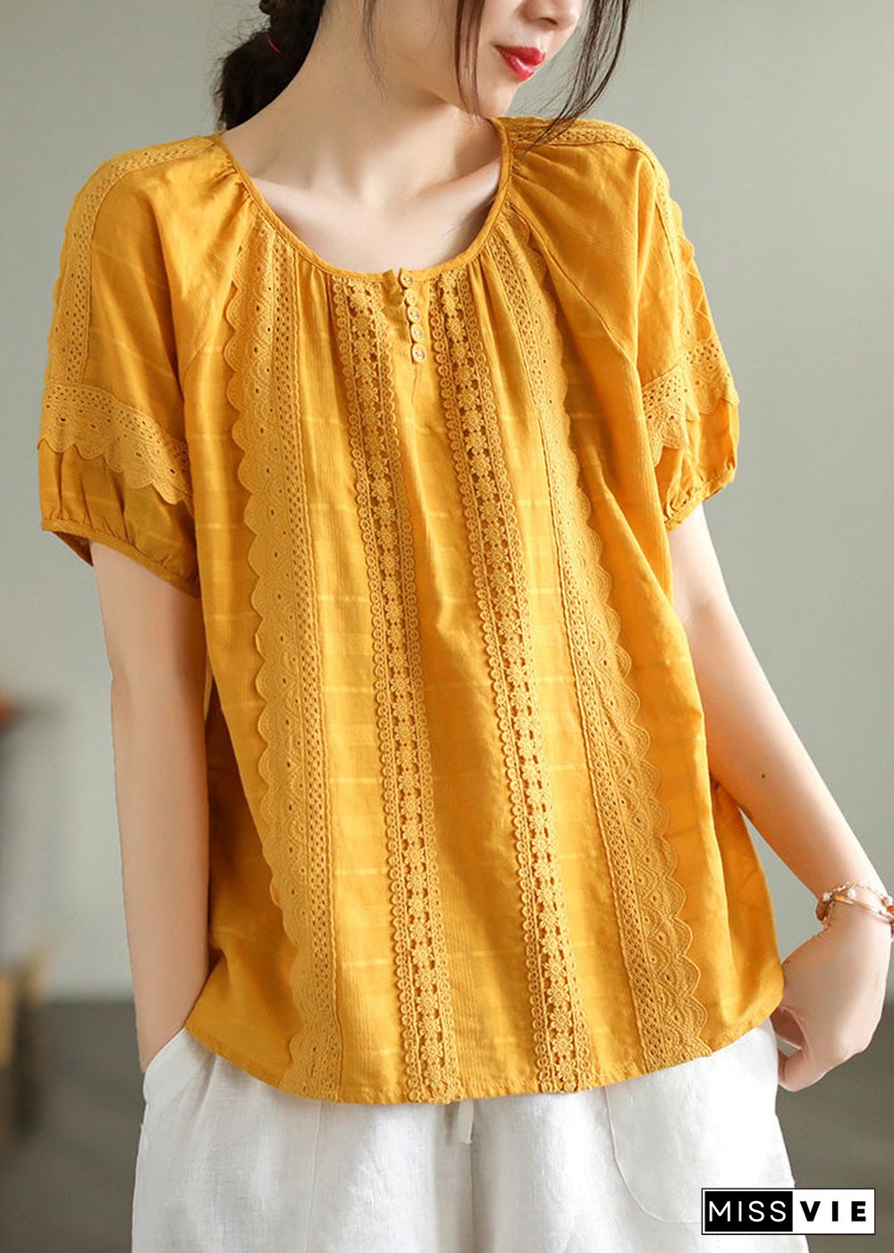 DIY Yellow Lace Patchwork Cotton Shirts Short Sleeve