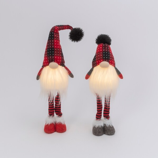 Set of 2 Lighted Plush Red and Black Plaid Holiday Standing Gnomes