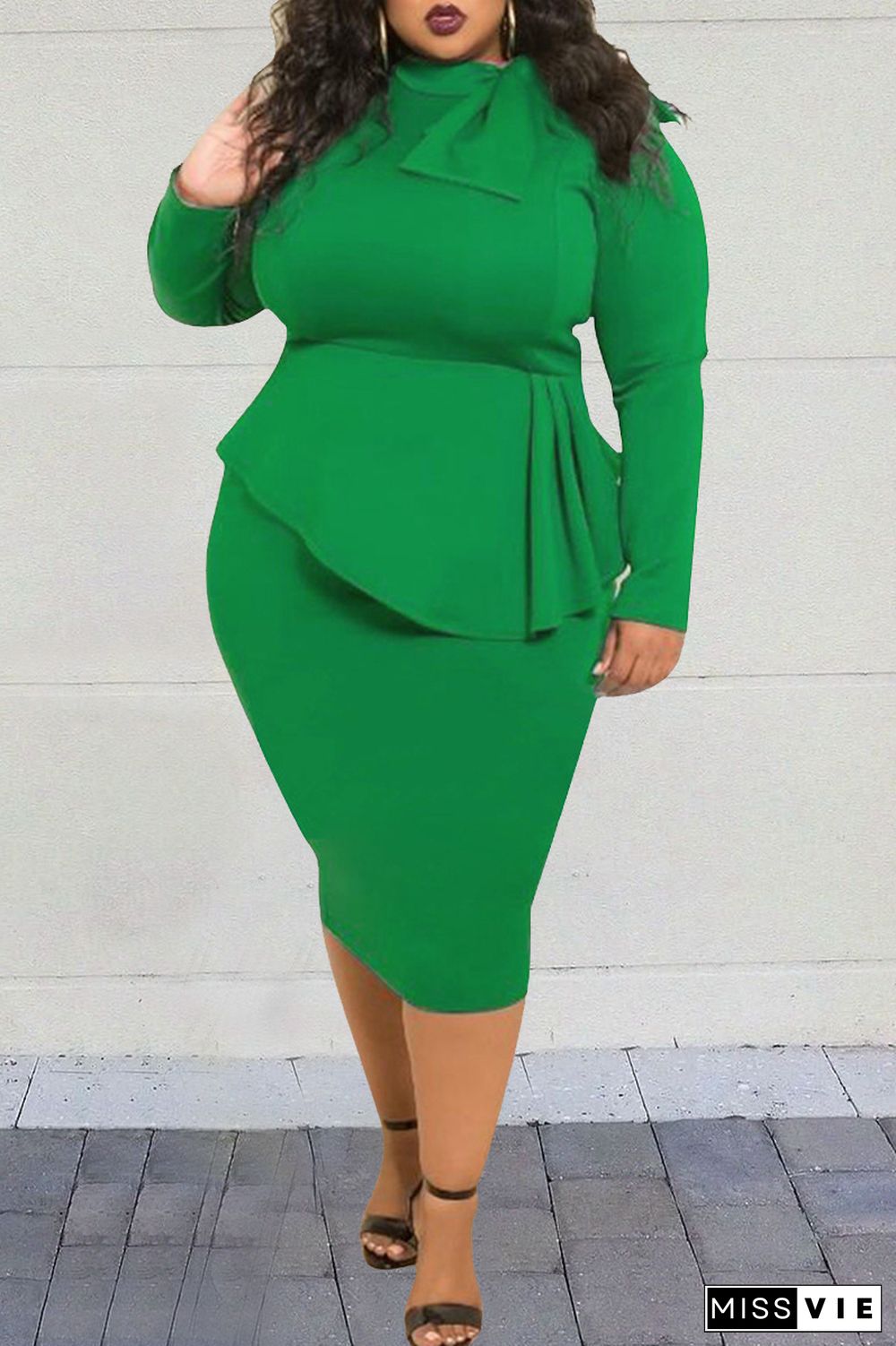 Casual Solid Patchwork O Neck Long Sleeve Plus Size Dresses