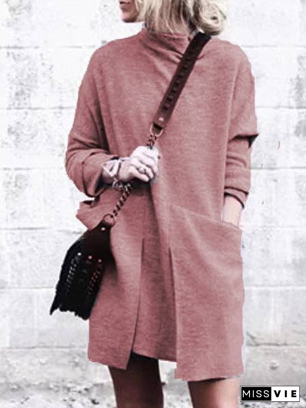 Plain Long Sleeve Turtleneck Knitting Dress