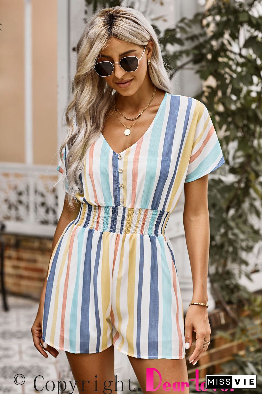 Striped Print V-neck Button Romper