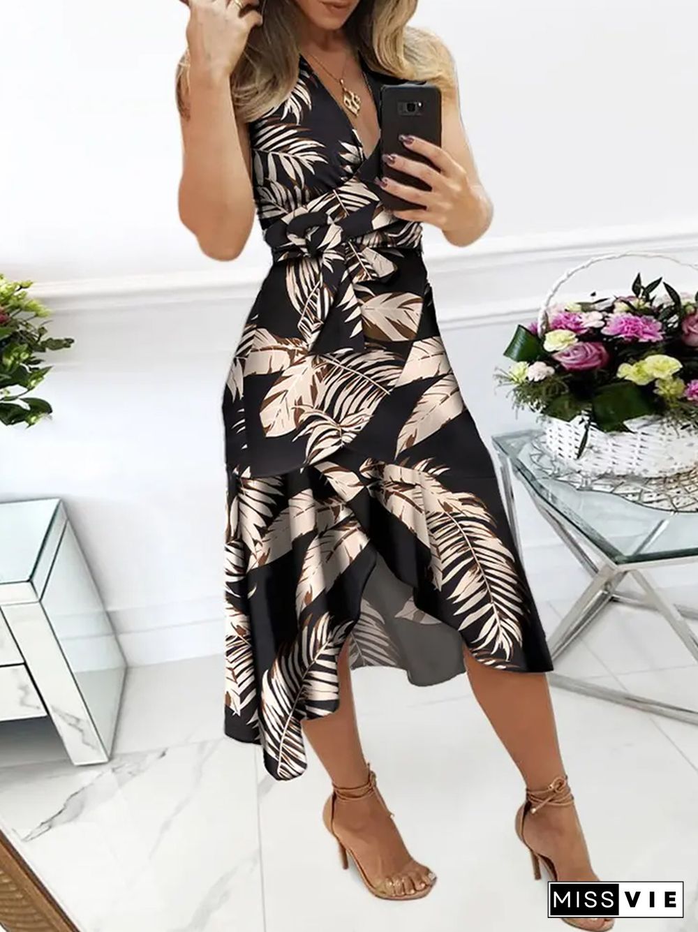 Sexy Sleeveless V-Neck Office Commuter Dress New Summer Retro Ruffle Midi Dress Women Printed Pattern Tie Waist Asymmetric Dress