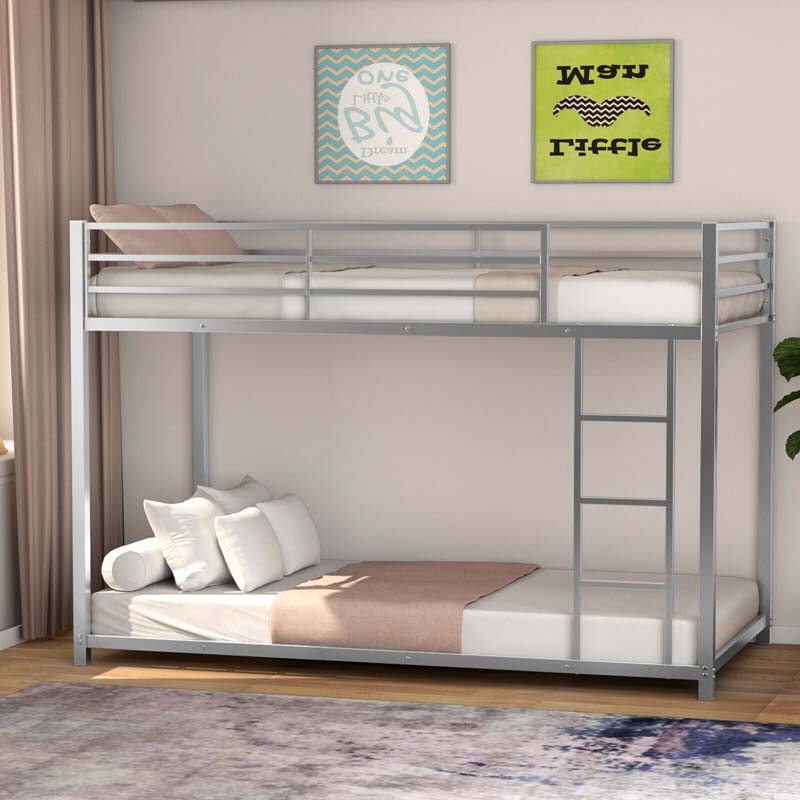 Metal Bunk Bed Twin Over Twin, Classic Bunk Bed Frame Platform with Side Ladder & Safety Guardrail