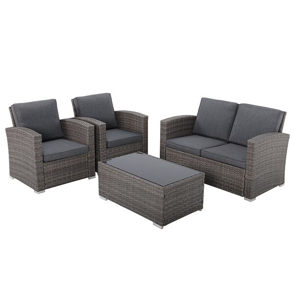 4 Person Patio Rattan Conversation Set with Grey Cushions Outdoor Tempered Glass Table