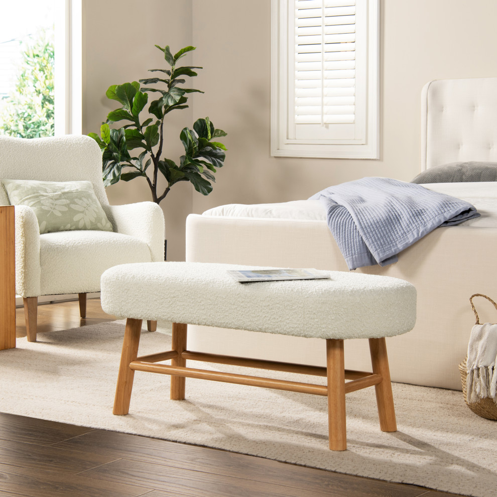 Fuji 42 quotUpholstered Accent Bench with Natural Wood Legs  Ivory White Boucle   Midcentury   Upholstered Benches   by Jennifer Taylor Home  Houzz