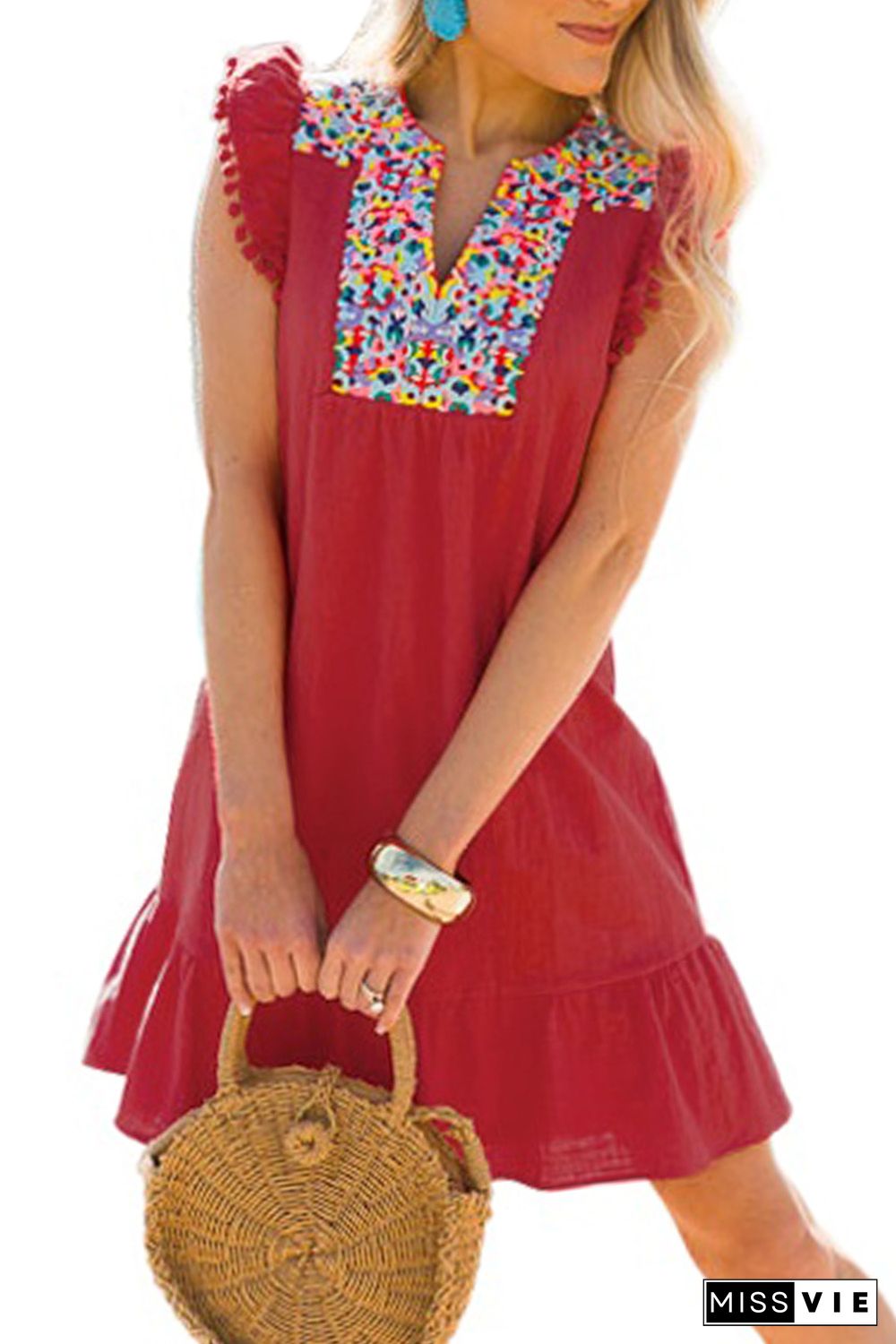 Red Boho Print Pompom Sleeve Shift Dress