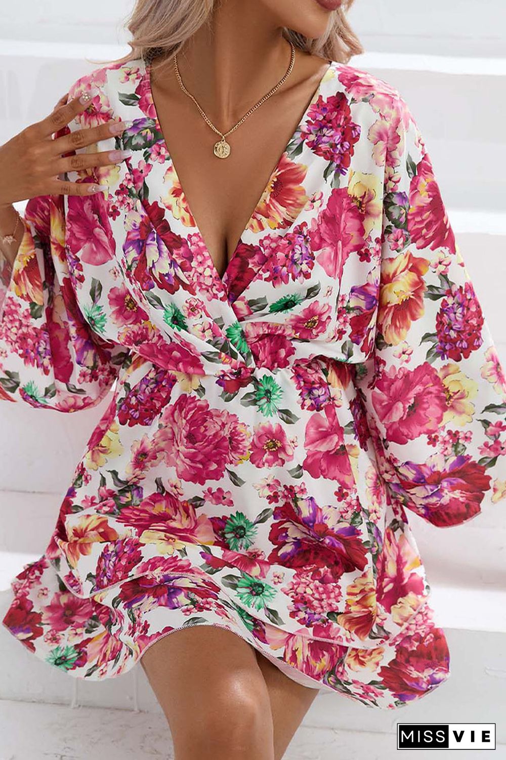 V Neck Drawstring Floral Dress