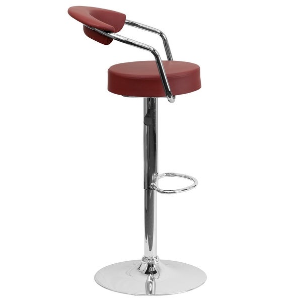 Contemporary Burgundy Vinyl Adjustable Height Barstool with Arms and Chrome Base