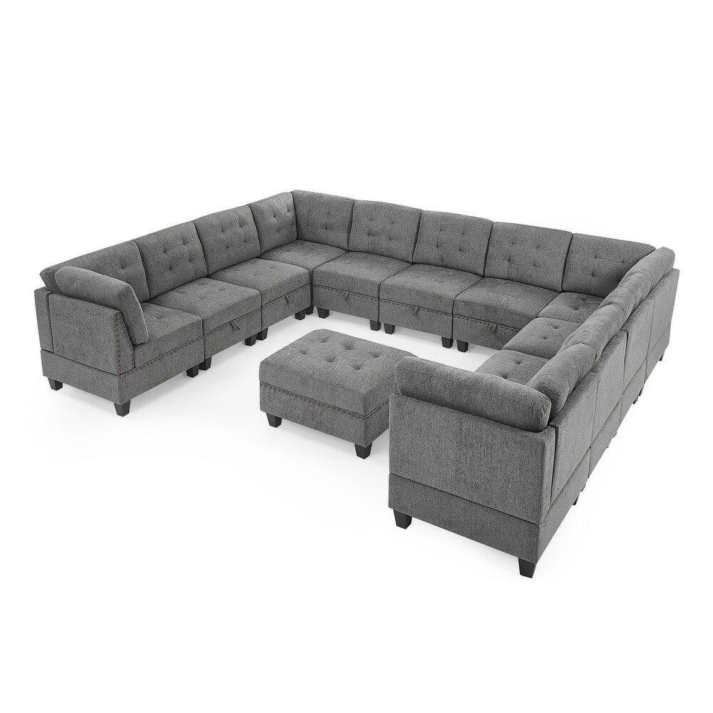 Chenille Upholstered Sectional Sofa Set 4 Corner Chaise Couch Set with Hidden Storage Ottoman for Living Room