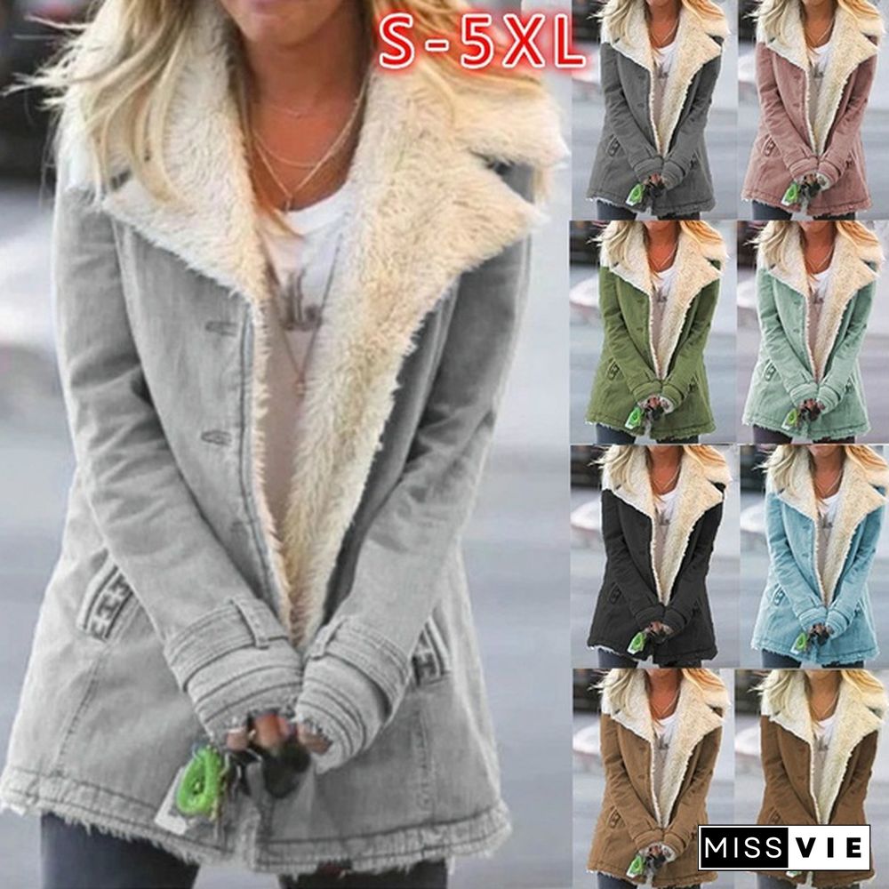 New Winter Women's Fashion Denim Jacket Plus Velvet Warm Long-sleeved Jacket Thicker Motorcycle Lapels Coat Plus Size