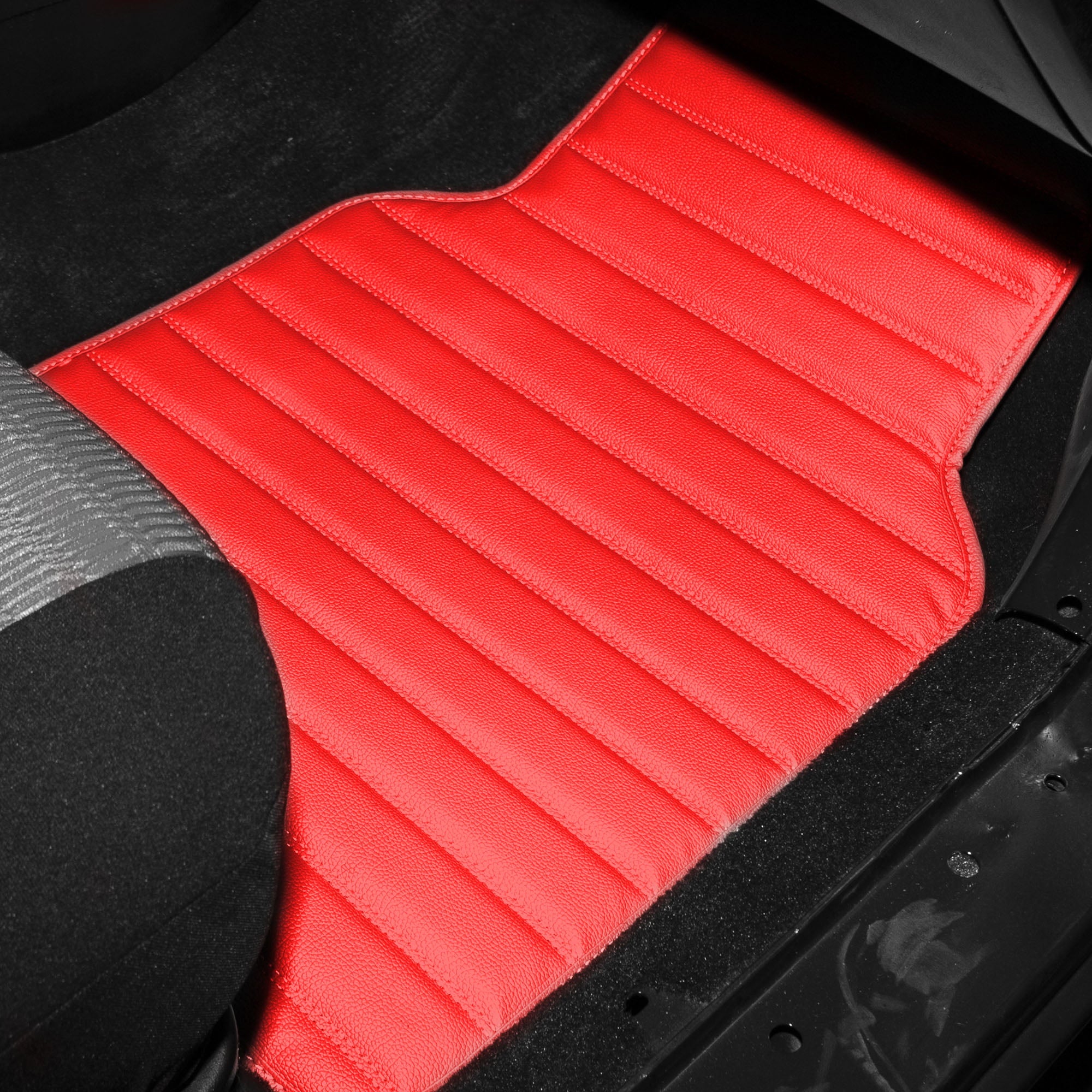 FH Group Universal Fit PU Leather Floor Mats for Car Van Truck SUV， High-Quality Material Non-Slip Backing， UV-Resistant， Waterproof - Full Set Font and Rear  F12001-RED