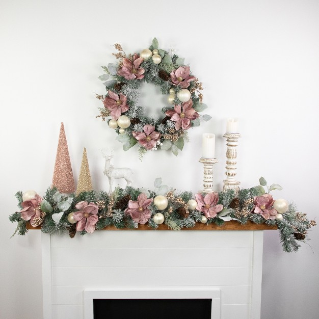 Northlight Pink Floral And Ball Ornament Frosted Pine Artificial Christmas Wreath 24 inch Unlit