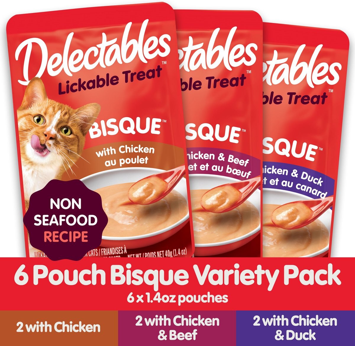 Hartz Delectables Bisque Non-Seafood Lickable Cat Treats Variety Pack， 1.4-oz pouch， 6 Count