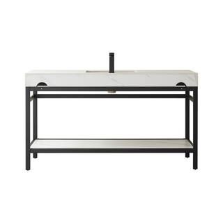 ROSWELL Funes 60 in. W x 22 in. D x 33.9 in. H Single Sink Bath Vanity in Matt Black Metal Stand with White Sintered Stone Top 802560-TB-SMBN