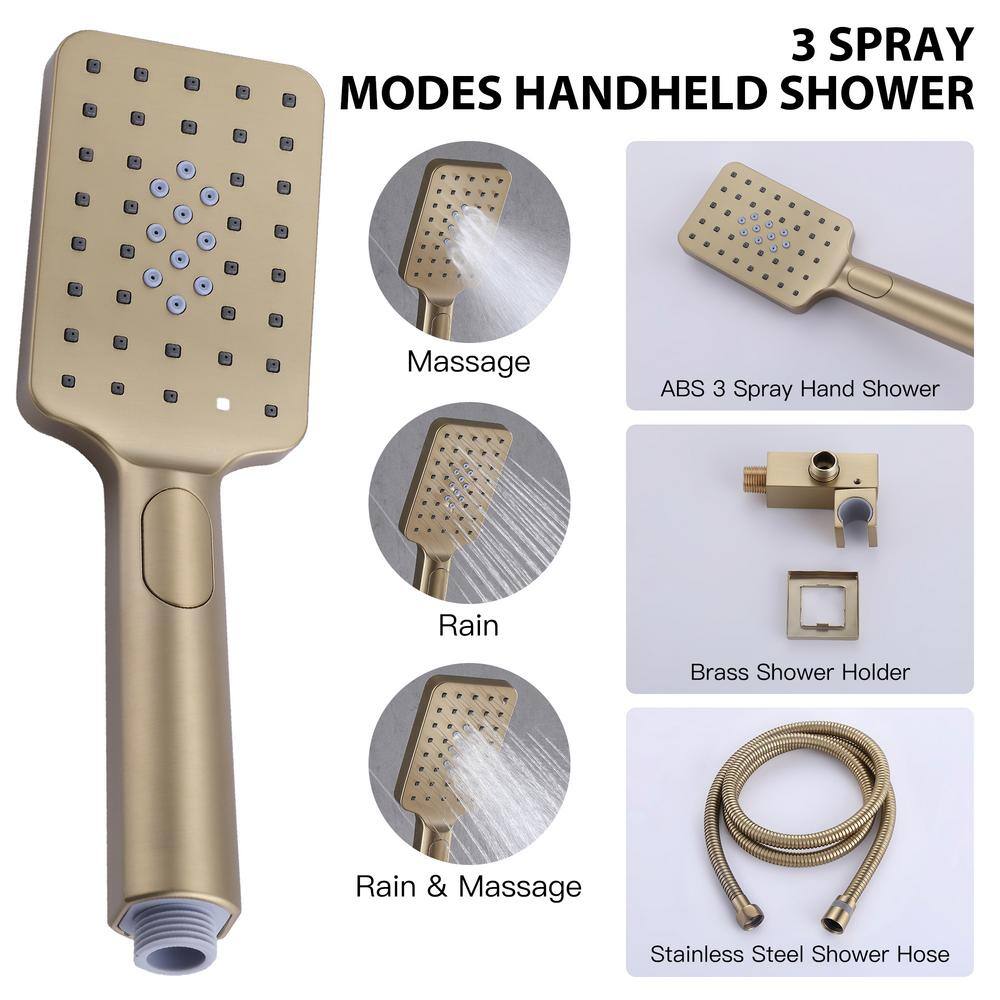 Tomfaucet 2-Spray Patterns 4.5 GPM 10 in. Wall Mount Dual Shower Heads Shower System with 3-Setting Hand Shower in Brushed Gold TFK0075BG