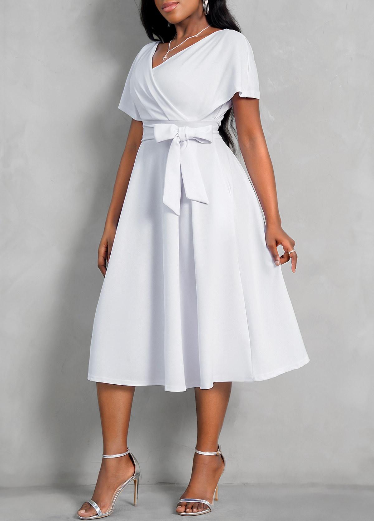 Cross Front Belted Short Sleeve Dress