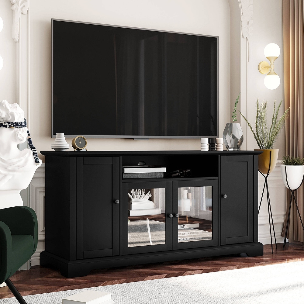 TV Stand for TV up to 65in with 2 Tempered Glass Doors Adjustable Panels Open Style Cabinet