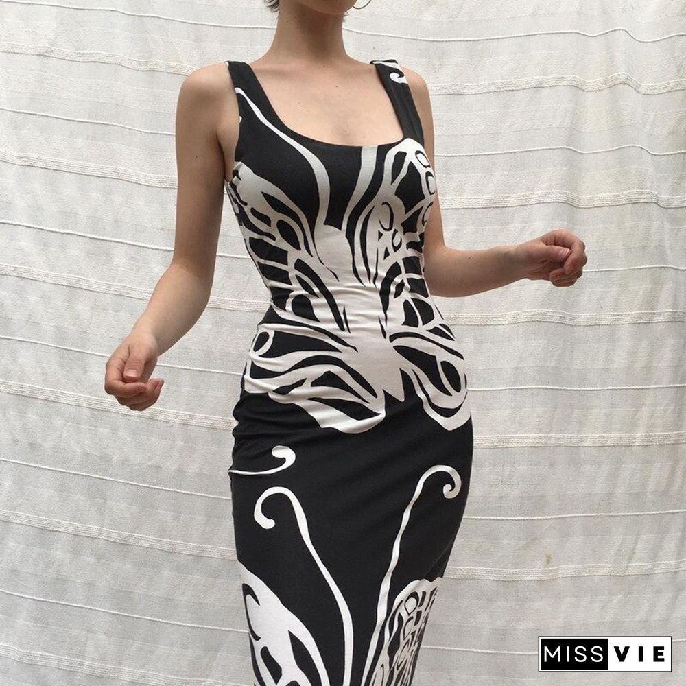 Aesthetic Butterfly Print Dress Y2k Aesthetic Women Sleeveless Long Dresses Grunge Fairycore Dress Party Clubwear