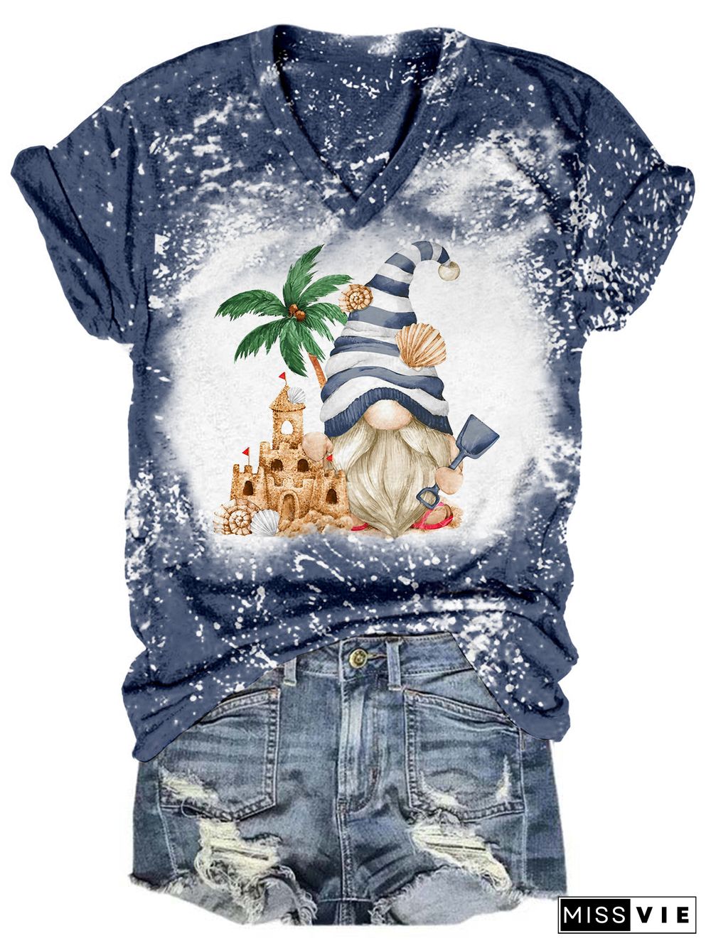 Sand Castle Gnome Tie Dye V Neck T-shirt