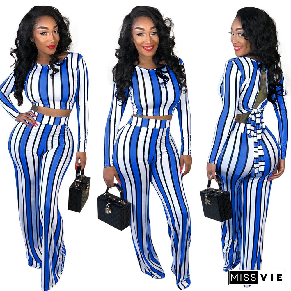 Casual Striped Round Collar Wide-legs Pants Set 2 Pieces