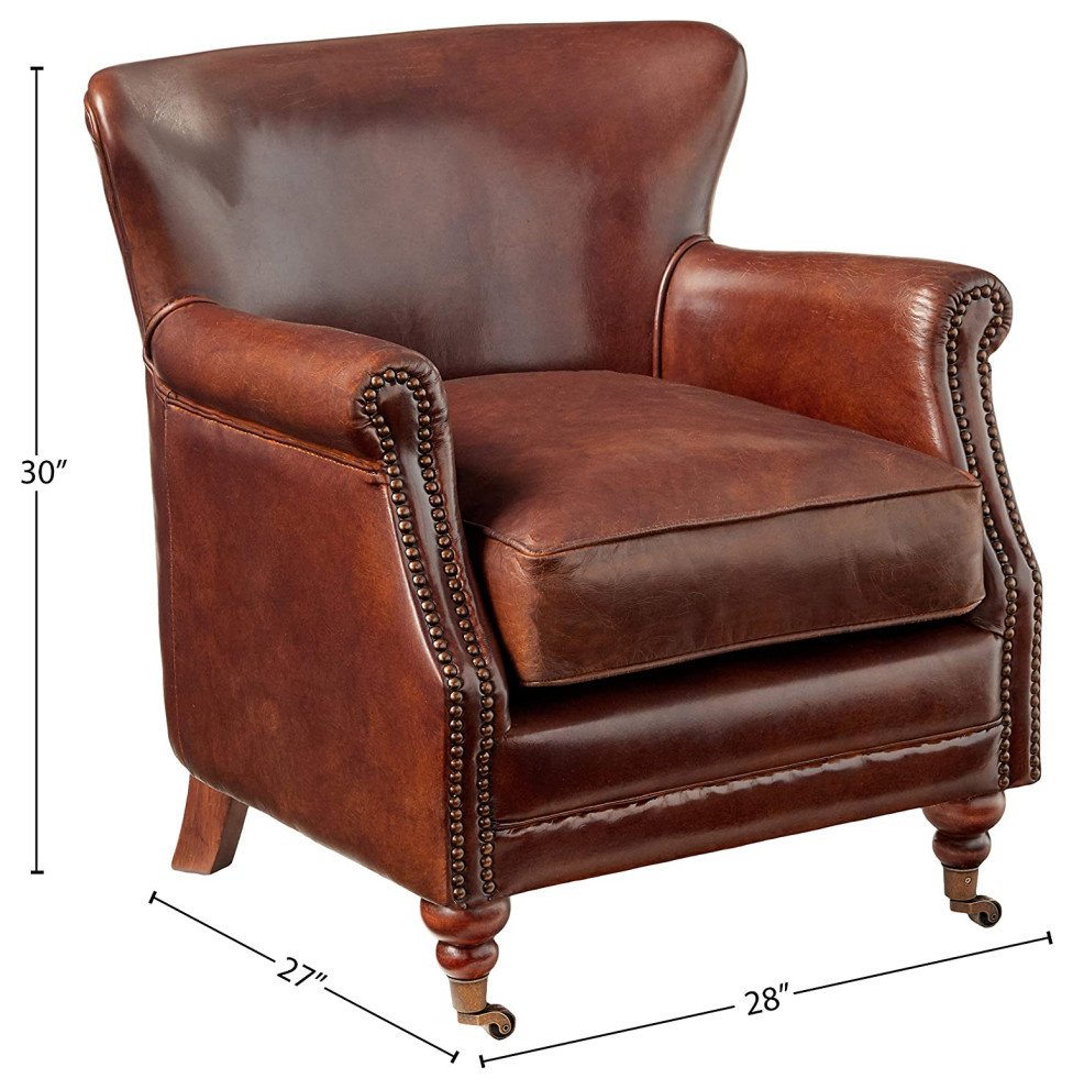 Elegant Accent Chair  Grain Leather Seat With Rolled Arms and Nailhead Trim   Traditional   Armchairs And Accent Chairs   by Declusia  Houzz