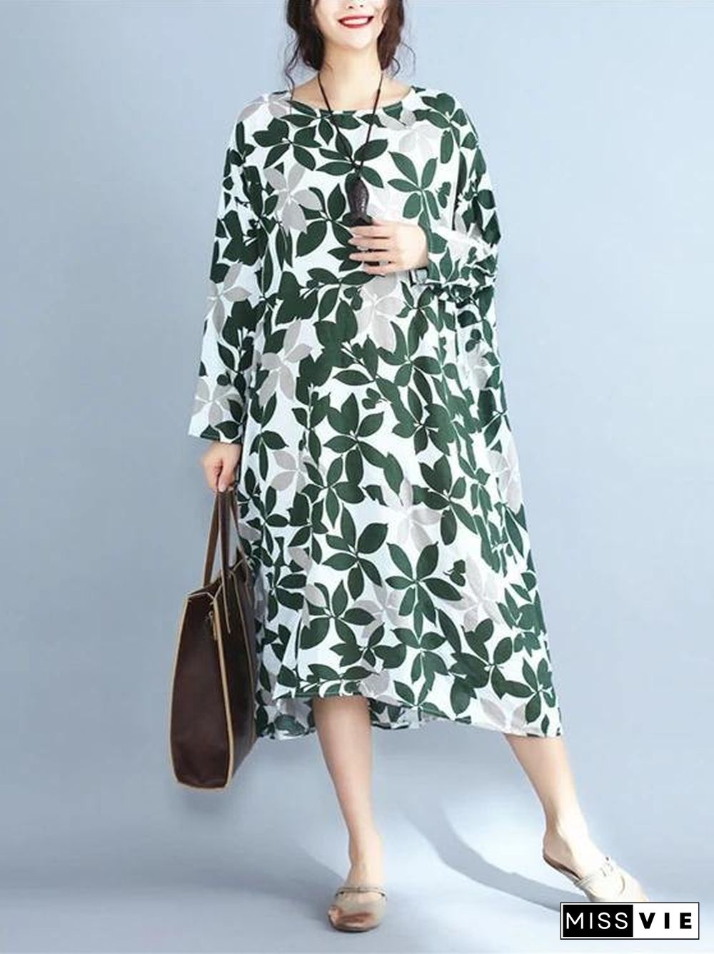 Italian green print cotton clothes For Women o neck long sleeve Maxi Dress