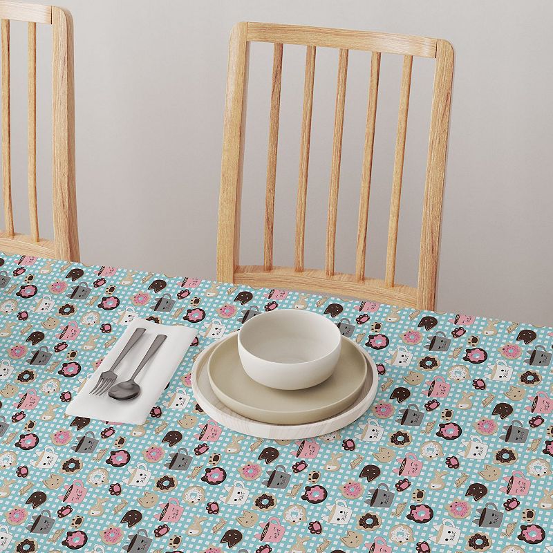 Rectangular Tablecloth， 100% Cotton， 52x104， Cat Lovers Mugs and Donuts