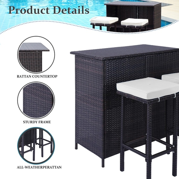 3 Piece Patio Bar Set，Outdoor Bar Table and Chairs Set for 2，Tiki Wicker Bar Table Set with Stools and Removable Cushions