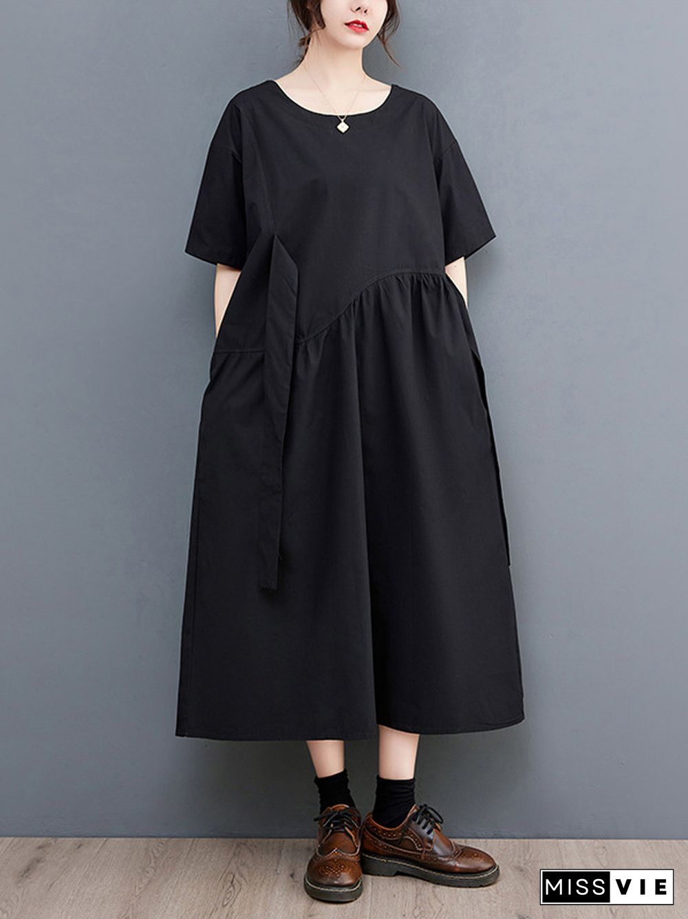 Casual Half Sleeves Loose Solid Color Round-Neck Midi Dresses