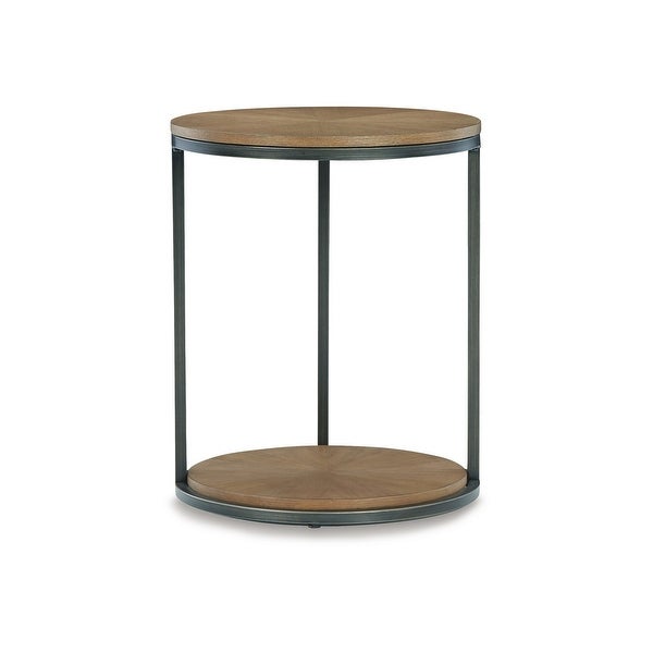 22 Inch Modern Side End Table， Round Wood Top， Black Metal Frame， Brown