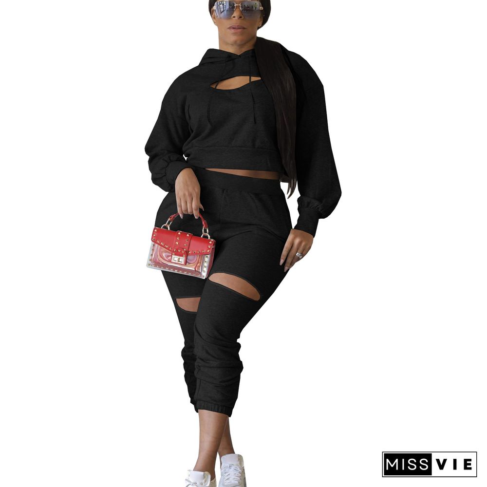 Cut Out Hoodies Sweatshirt Pencil Pants Two Piece Set