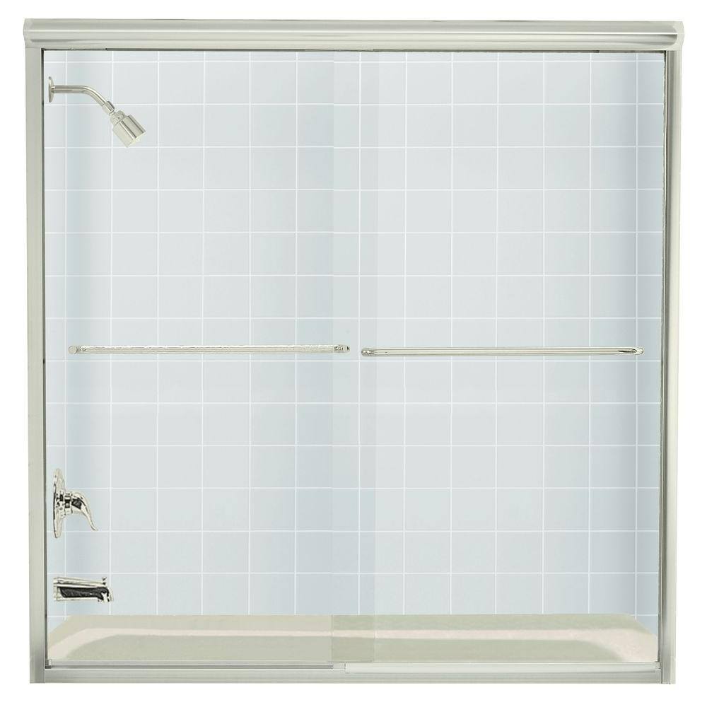 STERLING Finesse 59-58 in. x 58-516 in. Frameless Sliding Tub Door in Nickel with Handle 5405-59N-G05