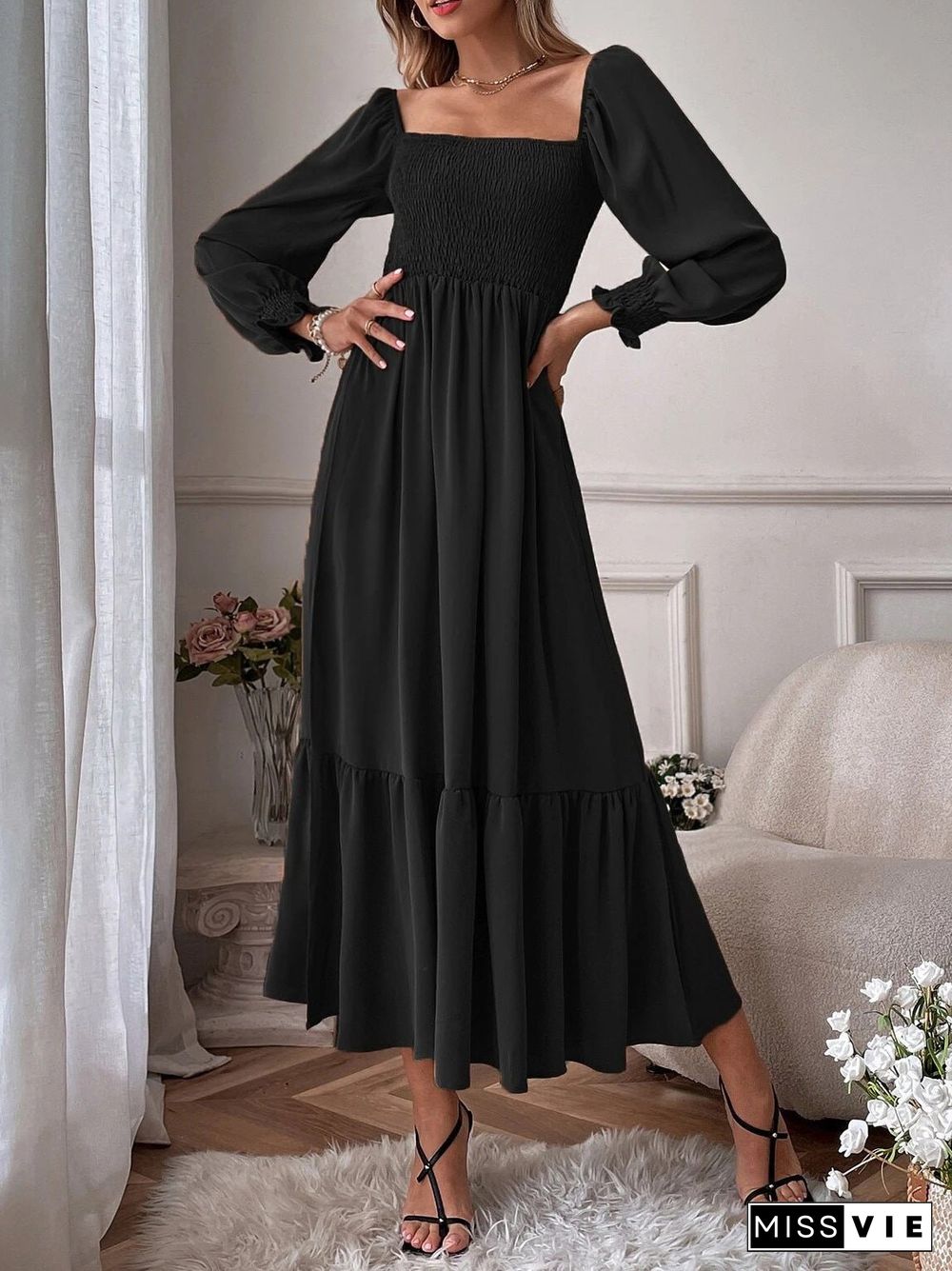 Women'S Dresses Square Neck High Waist Long Sleeve Ruffle Dress