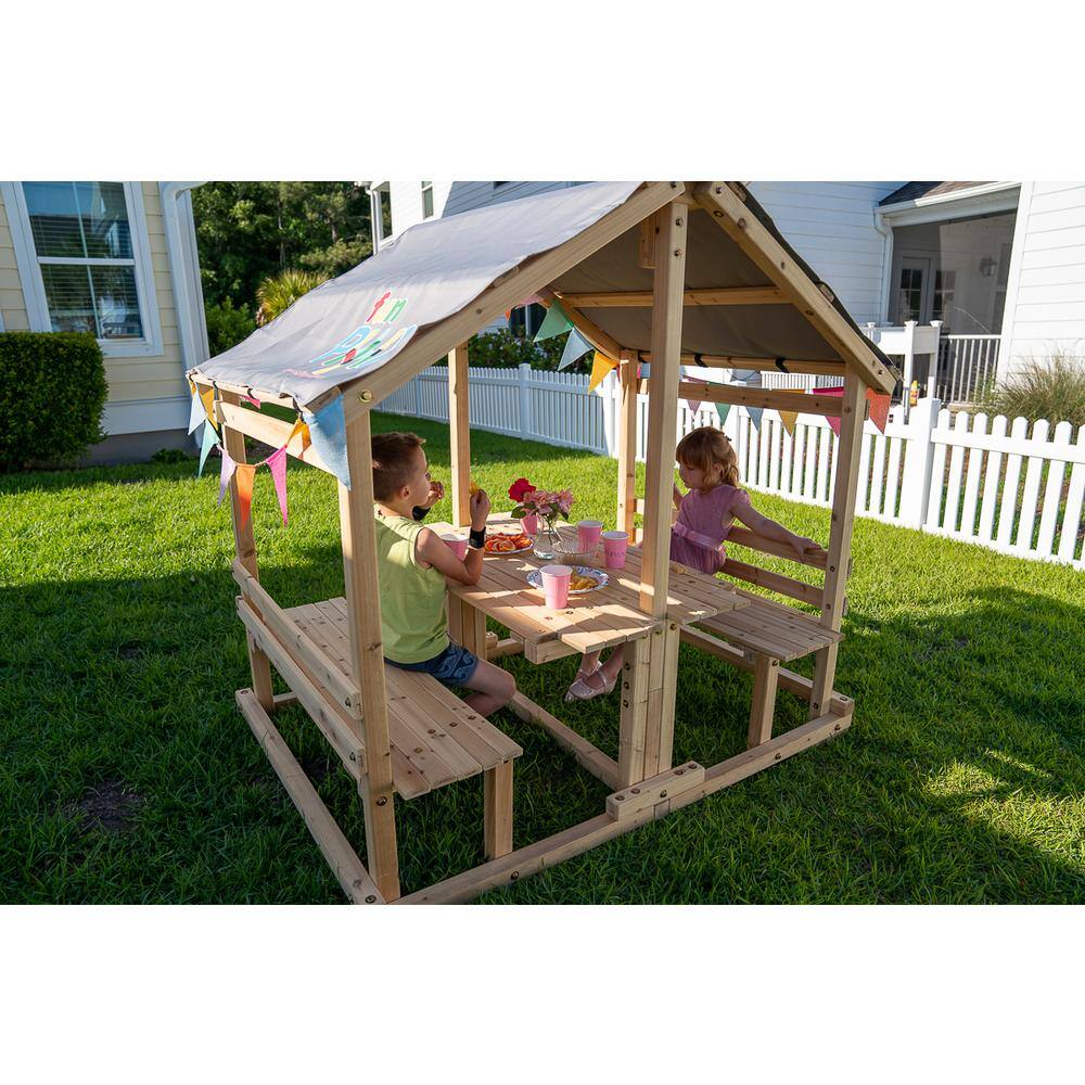 Funphix Kids Klubhouse Outdoor Indoor Wooden Playhouse DIY Backyard Playhouse with Table and Benches WPHX-2203